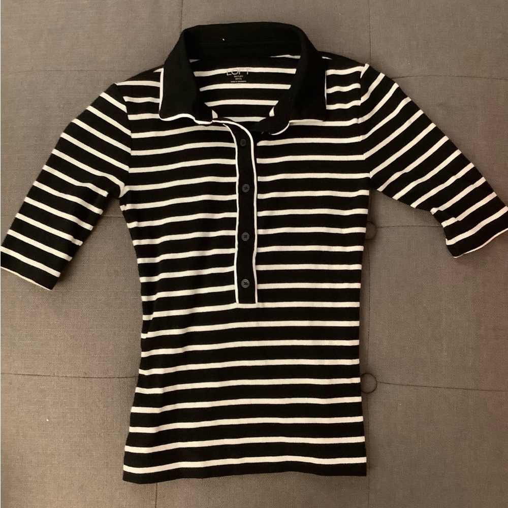 Ann Taylor loft outlet petite women’s polo shirt XSP black & white striped